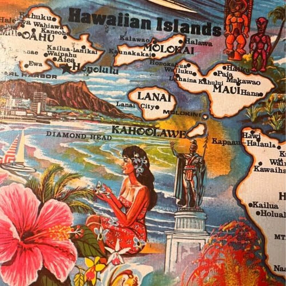 Title: Vintage 1970s Hawaiian Islands Metal Souvenir Tray by Ken Haag - 11”